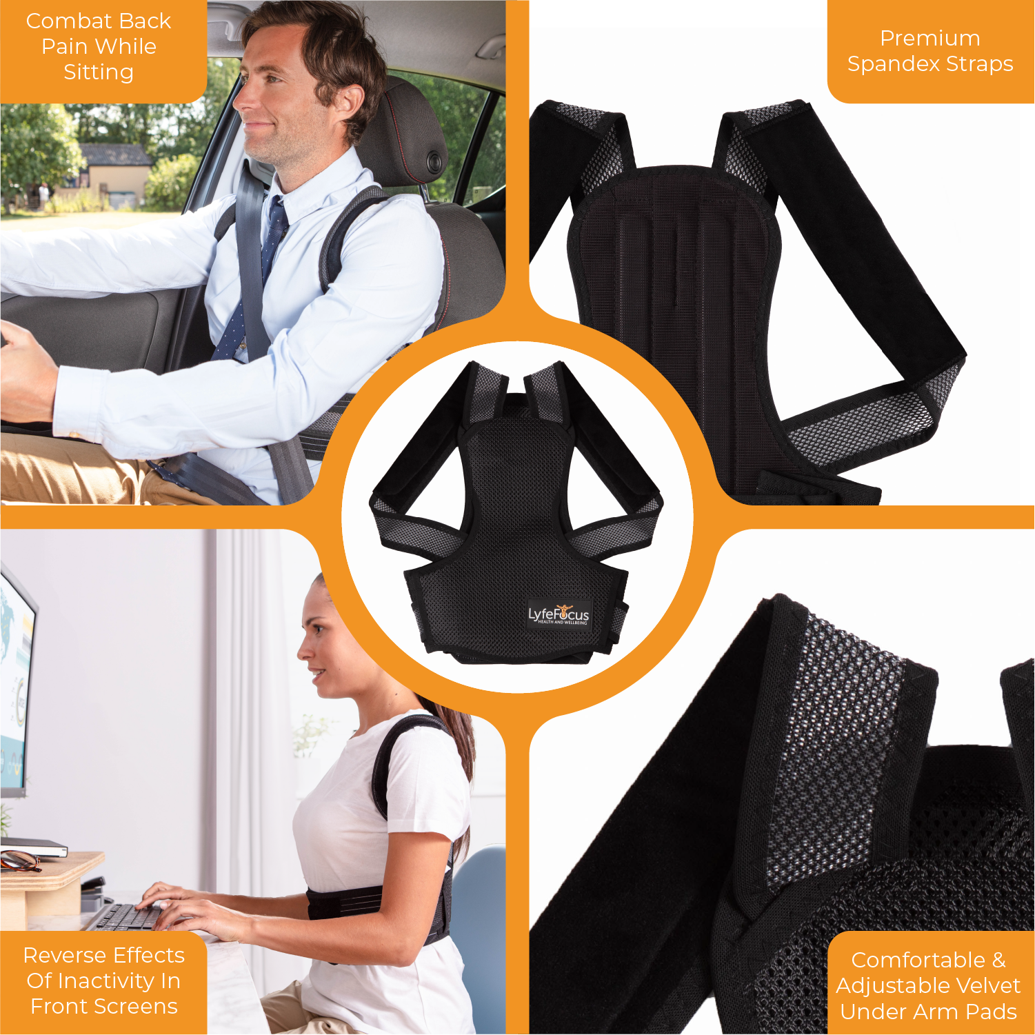 Back support brace with images of people using it in various settings and product details.