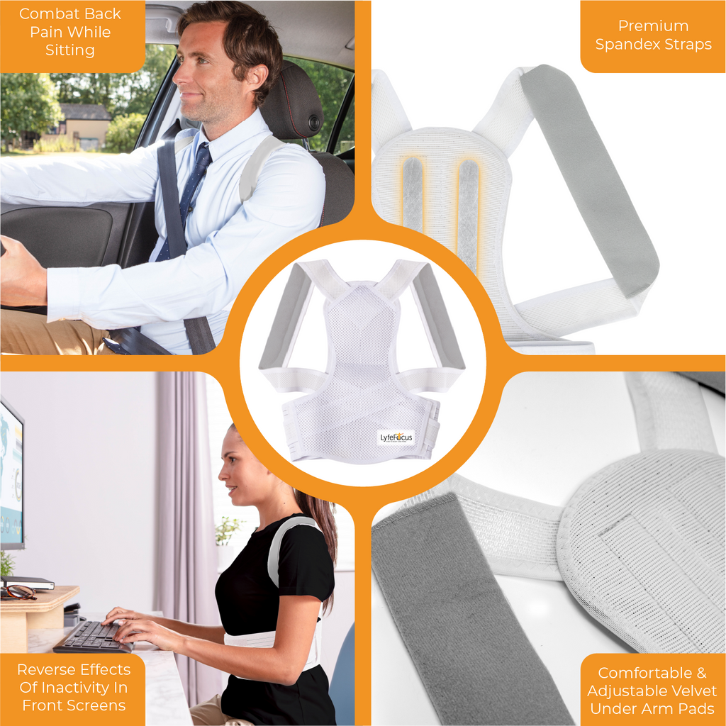 Collage of a person using a back support brace in a car and at a desk, with product details highlighted.