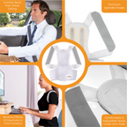Collage of a person using a back support brace in a car and at a desk, with product details highlighted.