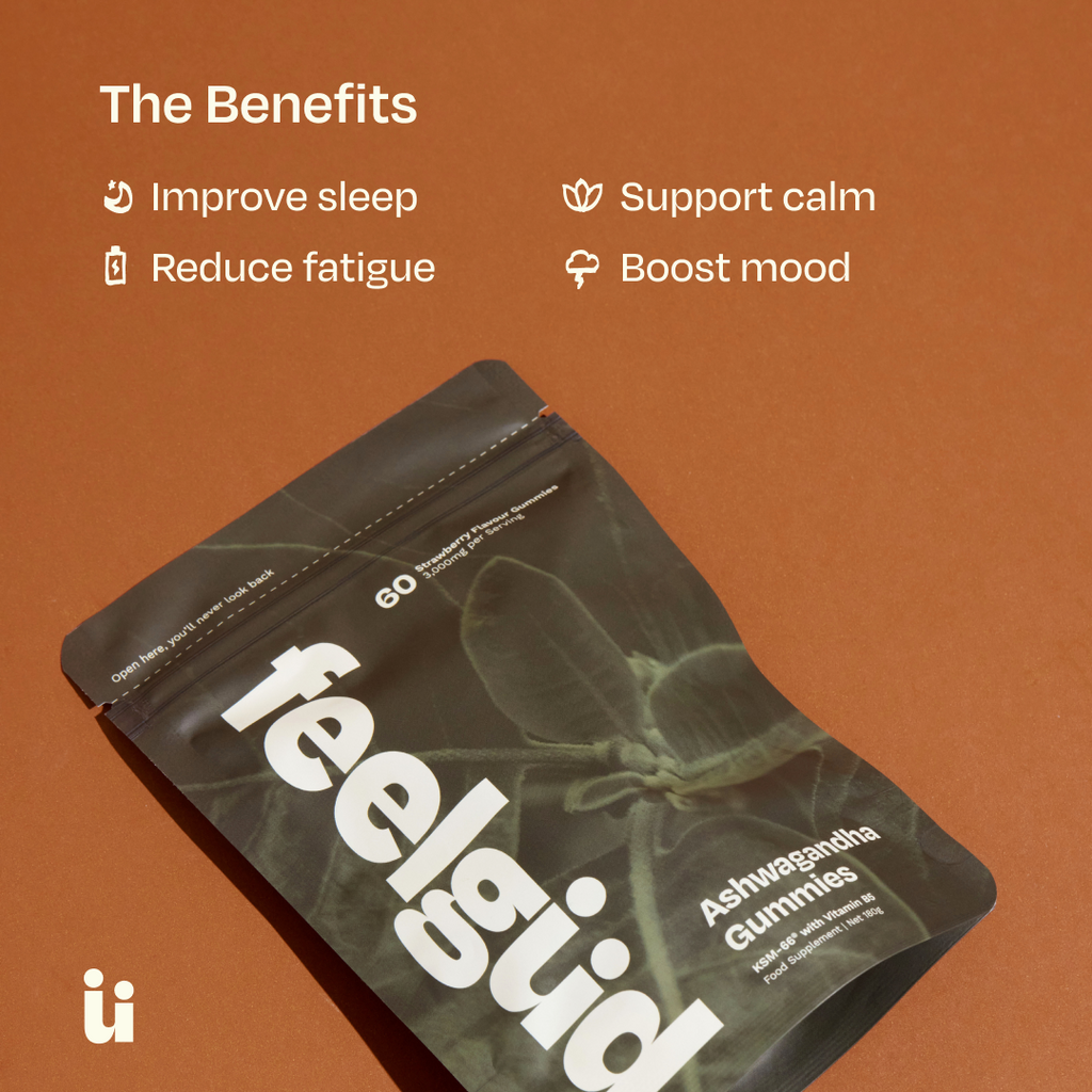 Feelgood gummies packaging with benefits listed on an orange background