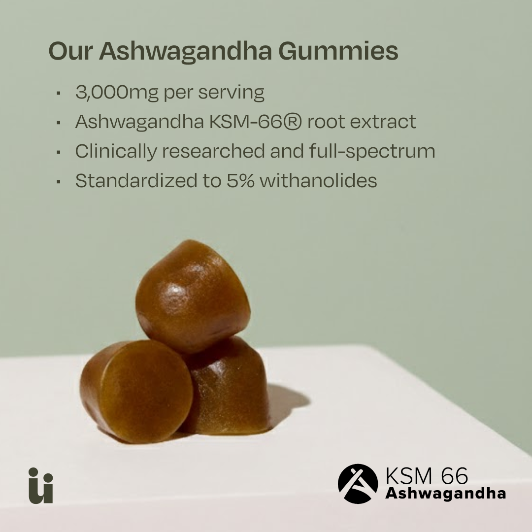 Ashwagandha gummies with product details on a light green background