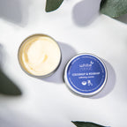 Coconut and rosehip calming cream in a tin with a blue label on a white background