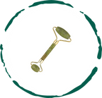 Green jade roller with gold handle on a white background