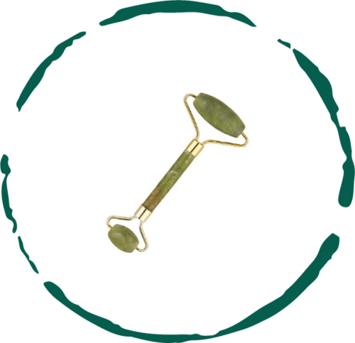 Green jade roller with gold handle on a white background