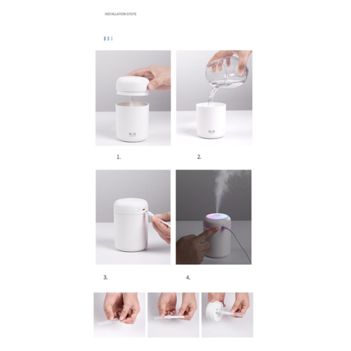 Step-by-step guide on how to use a white humidifier with close-up shots of hands performing actions.