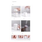 Step-by-step guide on how to use a white humidifier with close-up shots of hands performing actions.