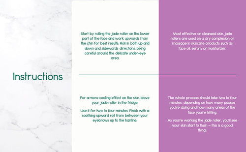 Instructions for using a jade roller on a marble and purple background