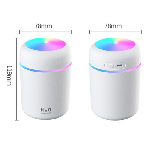 Two white cylindrical devices with colorful LED lights and 'H2O' branding, shown with measurements on a white background.