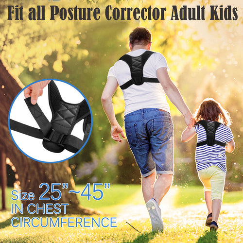 Two people walking outdoors with posture correctors, one inset showing the product.