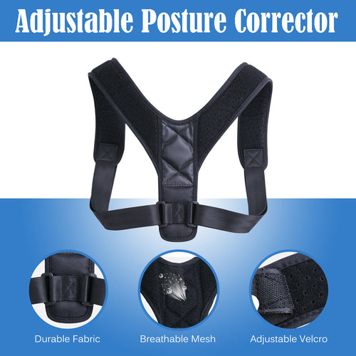 Black adjustable posture corrector with features highlighted on a blue gradient background