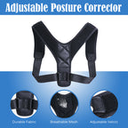 Black adjustable posture corrector with features highlighted on a blue gradient background