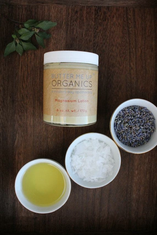Butter Me Up Organics magnesium lotion jar with ingredients on a wooden surface