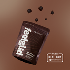 Feelgood mushroom gummies package with scattered gummies on a brown background