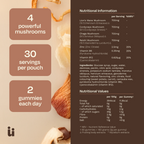 Mushroom gummy supplement packaging with nutritional information on a beige background