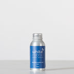 Silver bottle with blue label on a white background