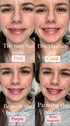 Collage of a person with different lipstick colors labeled on a gray background