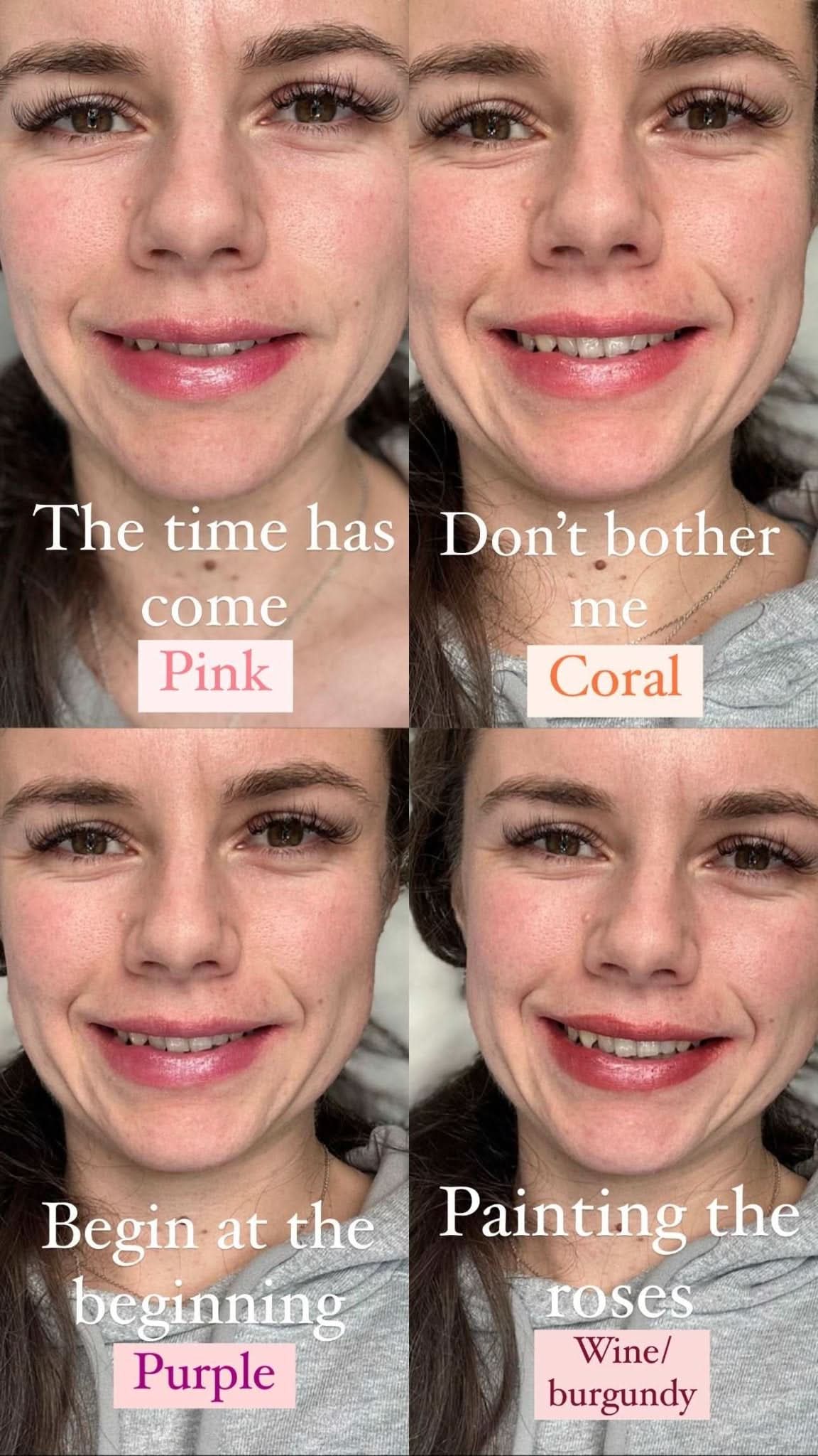Collage of a person with different lipstick colors labeled on a gray background