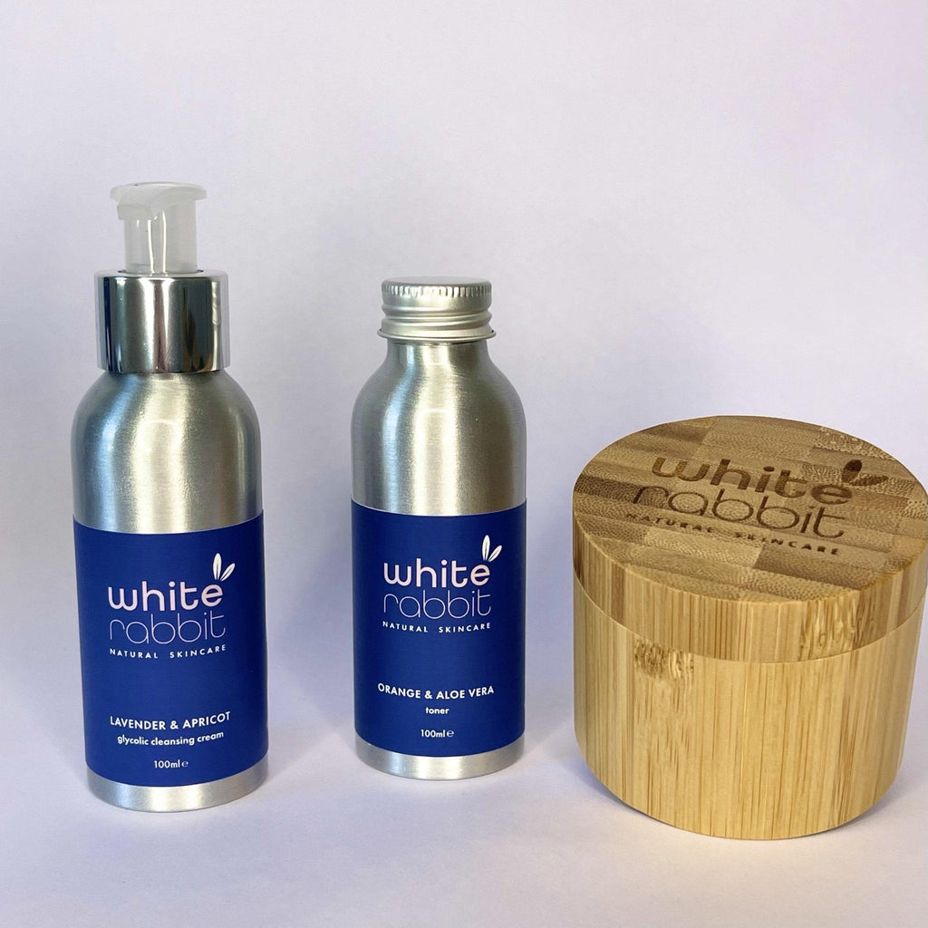 Three skincare products from White Rabbit on a white background